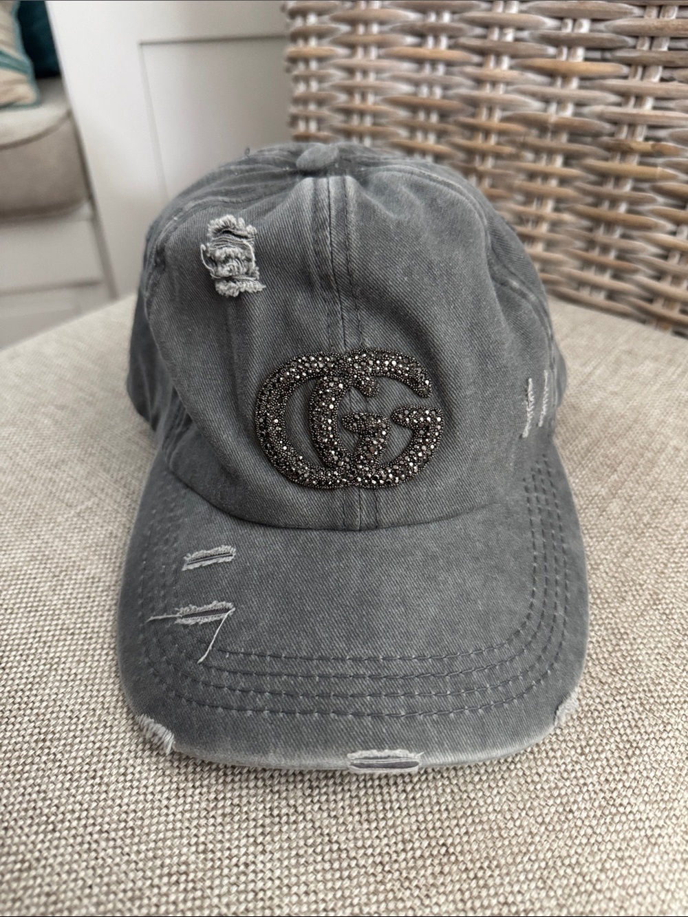 Embellished GG Distressed Gray Baseball Cap